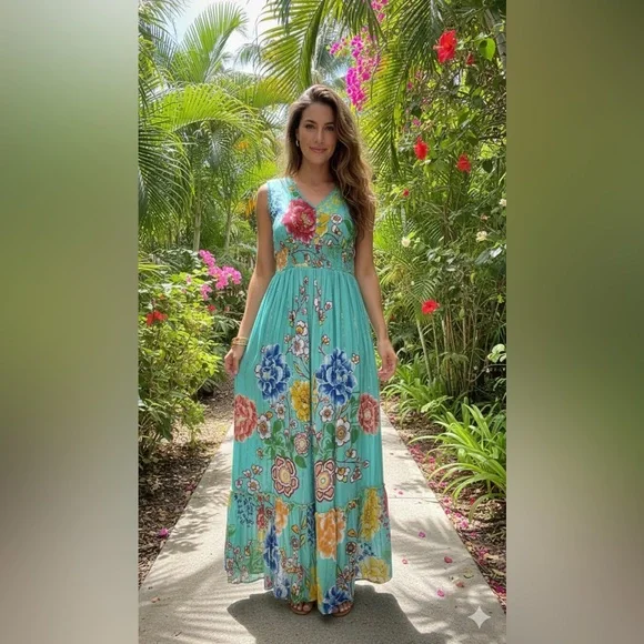 Anthropologie Me 2 Magic Floral Maxi Dress Tropical Resort-wearViscose M Summer - Picture 4 of 12